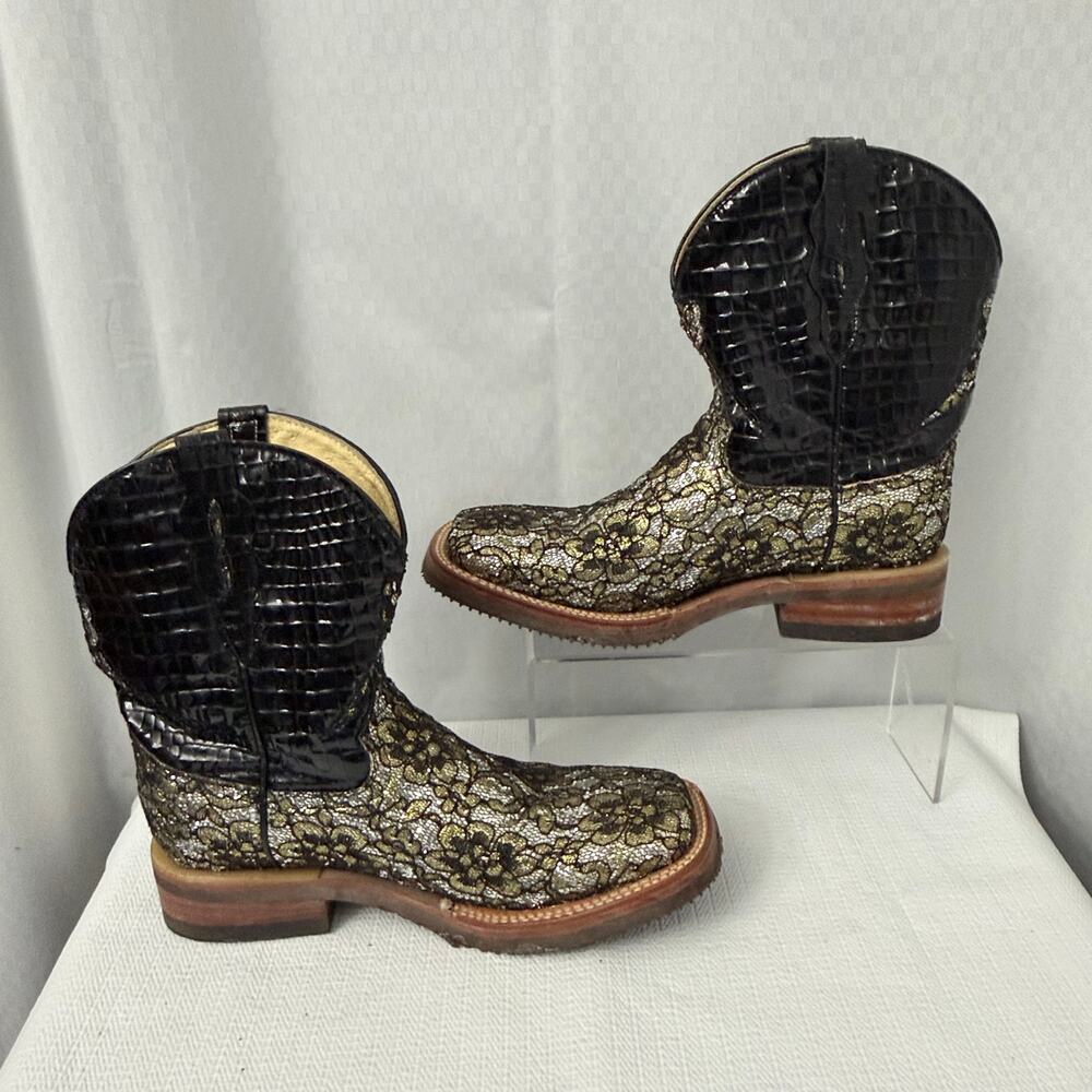 Ferrini Boots Womens Size 8.5 B Black Leather Floral Lace Cowboy Western - Picture 14 of 15